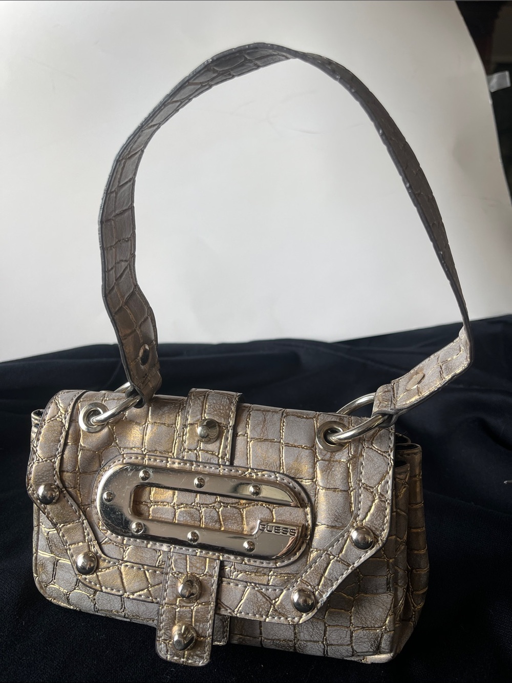 Guess Metallic Croc-Embossed Satchel in Gold Vintage